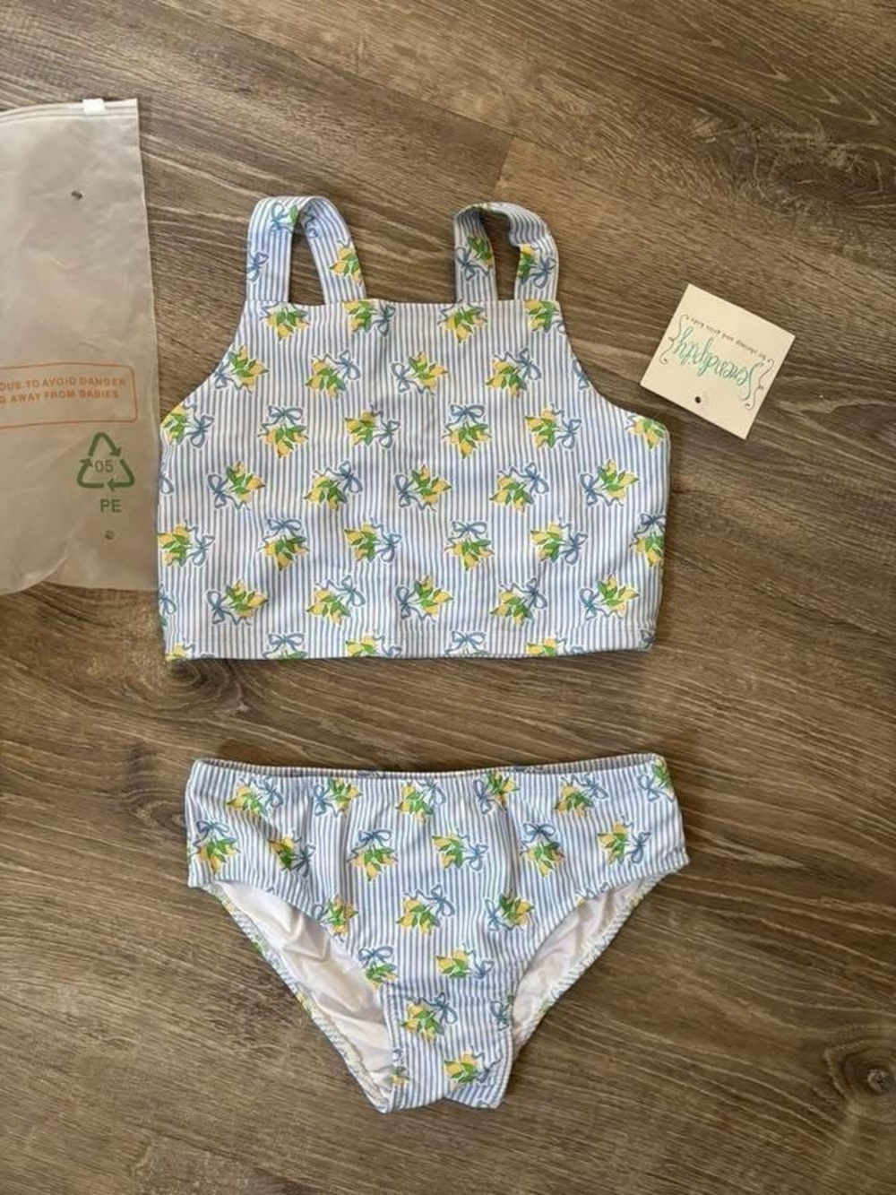 Seersucker Lemon Print Two-Piece Girls' Swim Set - Blue